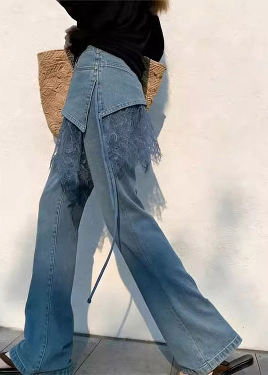 2026 New Blue High Waist Lace Patchwork Straight Jeans Summer