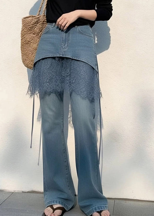 2026 New Blue High Waist Lace Patchwork Straight Jeans Summer