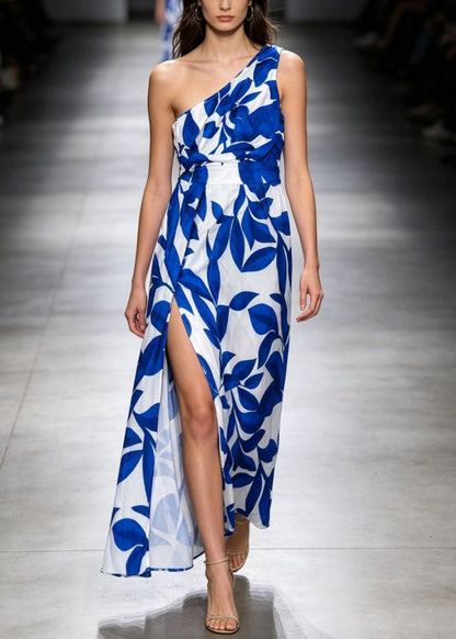 2026 New Blue One Shoulder Print Long Dress Sleevele