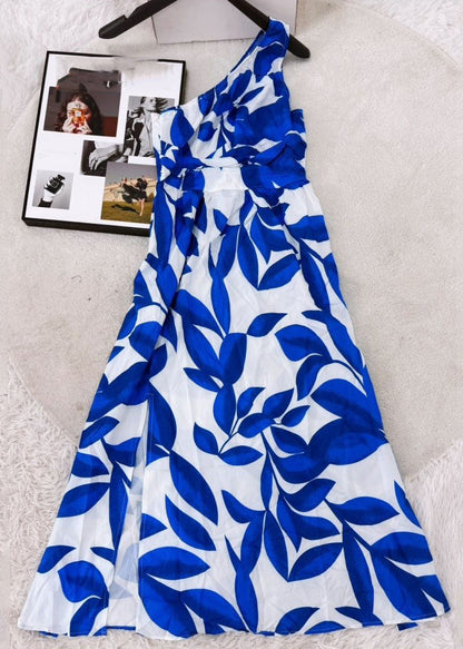 2026 New Blue One Shoulder Print Long Dress Sleevele