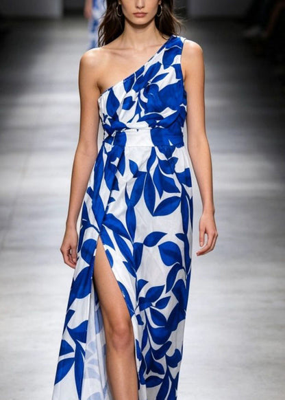 2026 New Blue One Shoulder Print Long Dress Sleevele