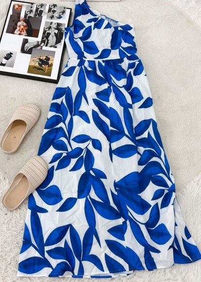 2026 New Blue One Shoulder Print Long Dress Sleevele