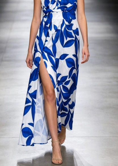 2026 New Blue One Shoulder Print Long Dress Sleevele