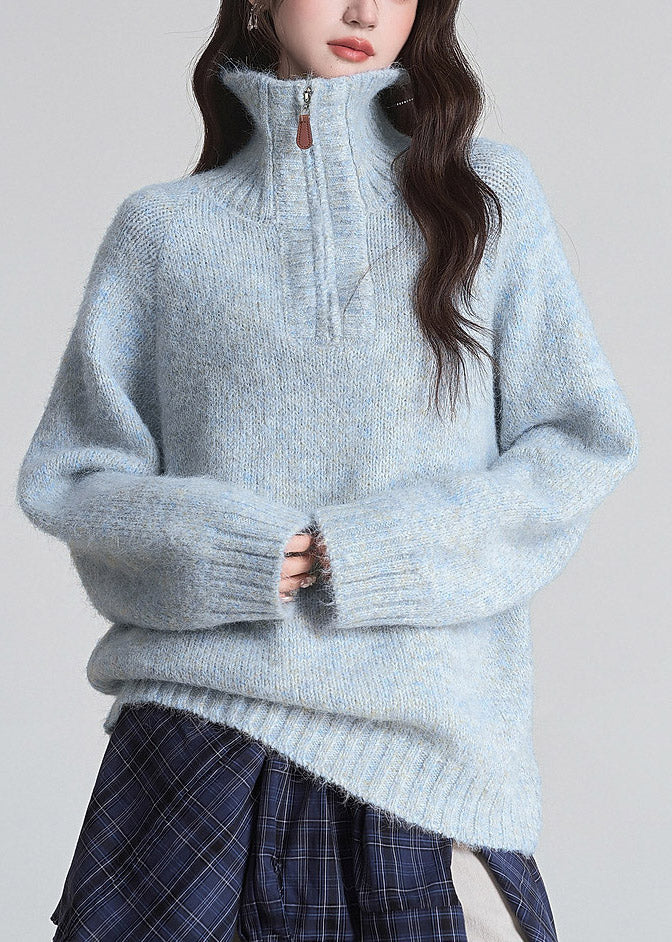 2026 New Blue Stand Collar Zippered Patchwork Cotton Knit Sweater Fall