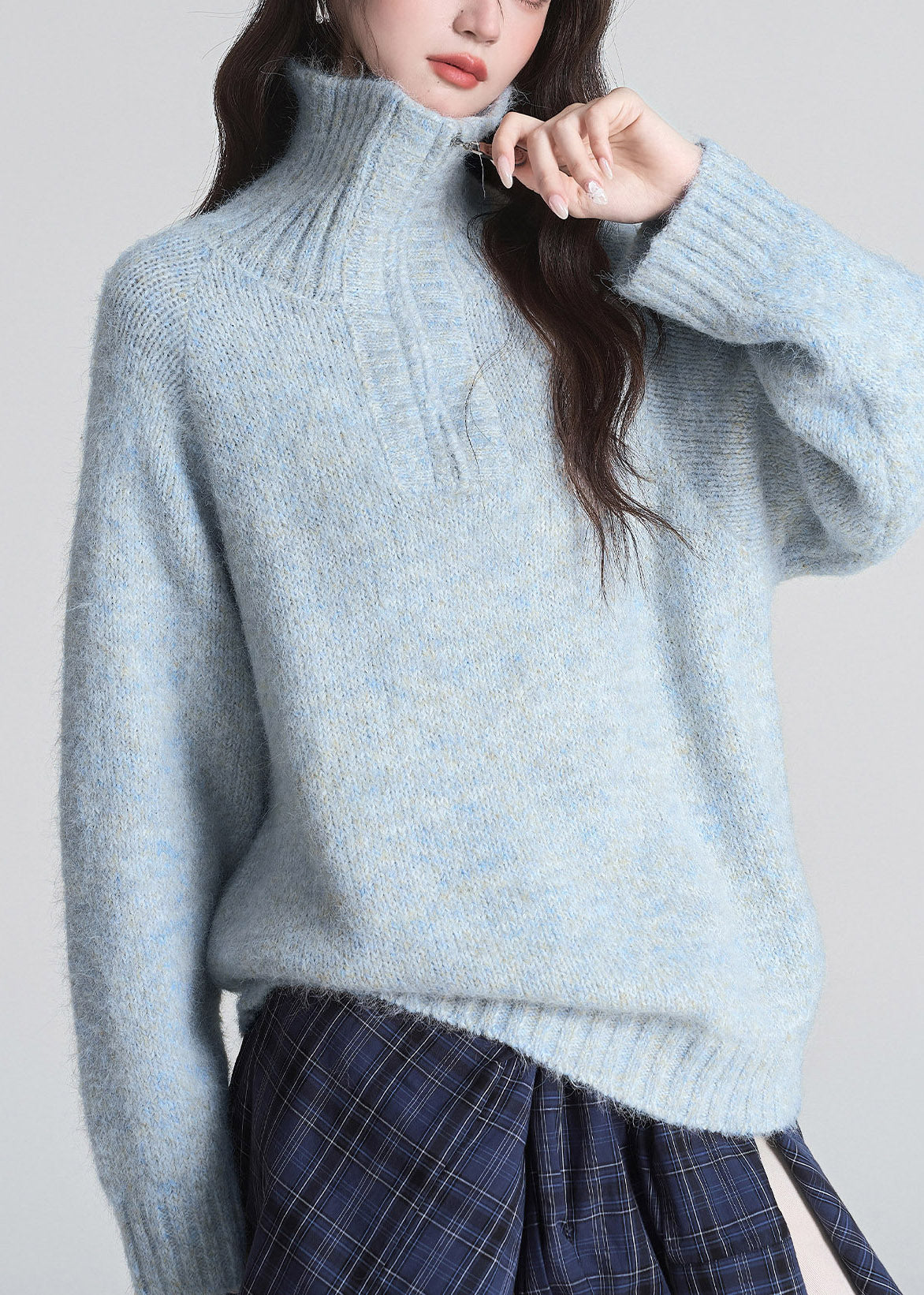 2026 New Blue Stand Collar Zippered Patchwork Cotton Knit Sweater Fall