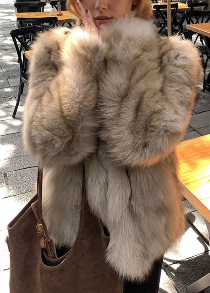 2026 New Brown Fox Collar Pockets Thick Leather And Fur Coat Long Sleeve
