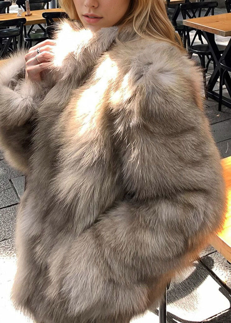 2026 New Brown Fox Collar Pockets Thick Leather And Fur Coat Long Sleeve