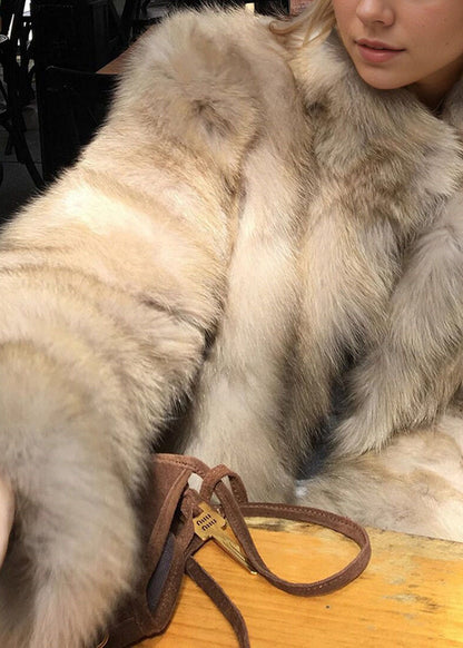 2026 New Brown Fox Collar Pockets Thick Leather And Fur Coat Long Sleeve