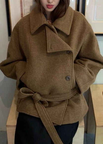 2026 New Camel Peter Pan Collar Pockets Patchwork Woolen Coat Fall