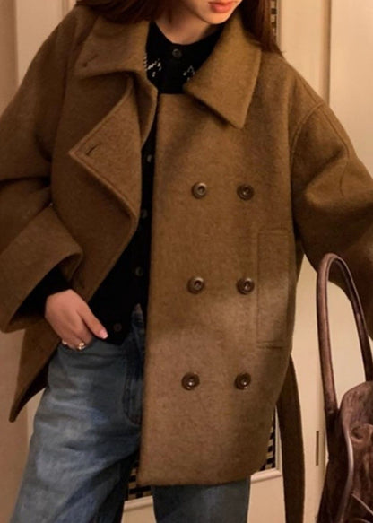 2026 New Camel Peter Pan Collar Pockets Patchwork Woolen Coat Fall