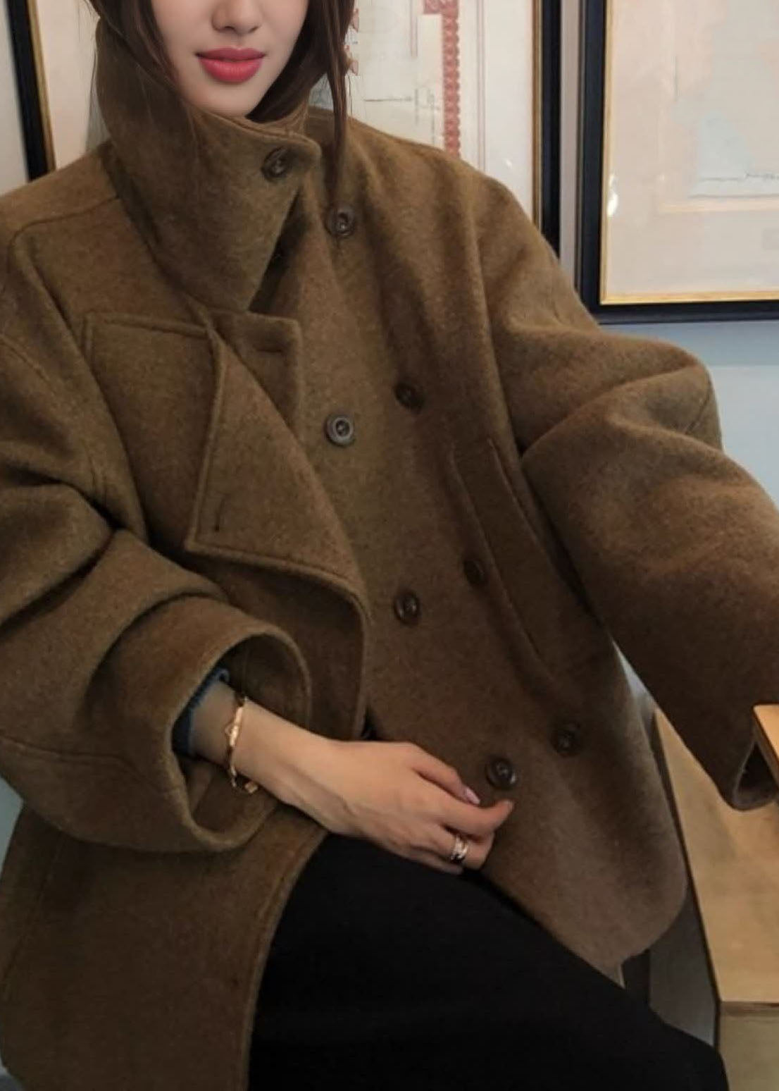 2026 New Camel Peter Pan Collar Pockets Patchwork Woolen Coat Fall