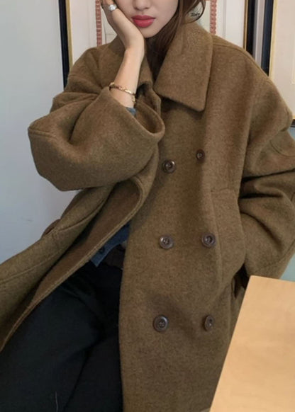 2026 New Camel Peter Pan Collar Pockets Patchwork Woolen Coat Fall