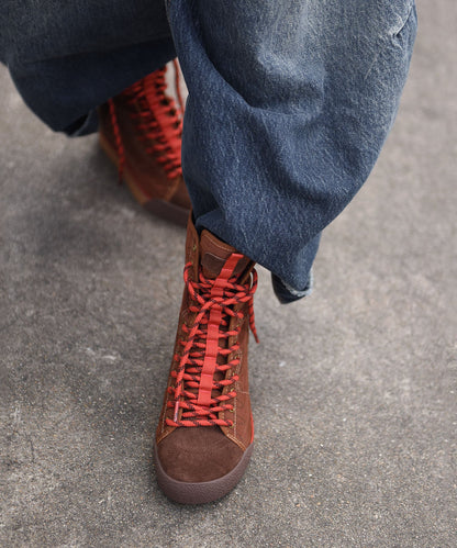 2026 New Casual Brown Lace Up Suede High Top Board Shoes