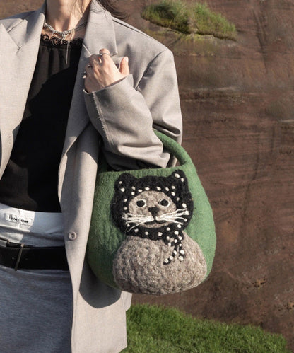 2026 New Green Cartoon Cat Cute Felt Tote Bag