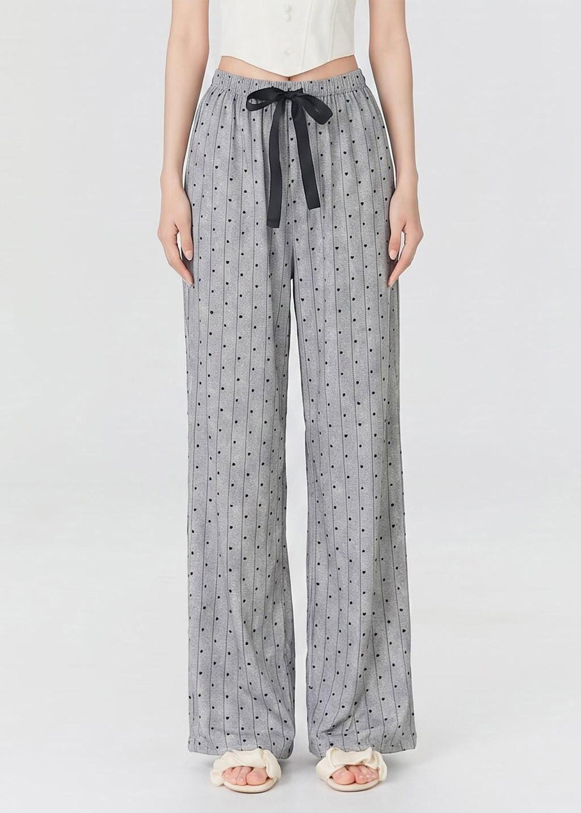 2026 New Grey Dot Elastic Waist Bow Straight Pants