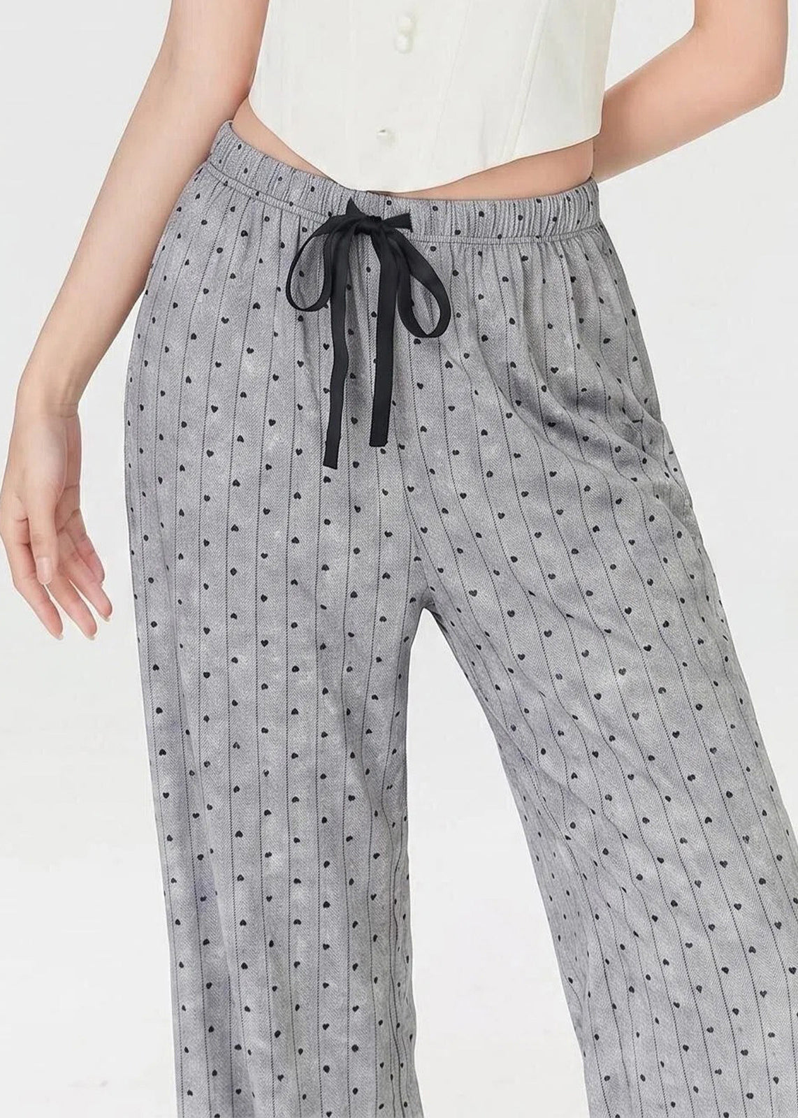 2026 New Grey Dot Elastic Waist Bow Straight Pants