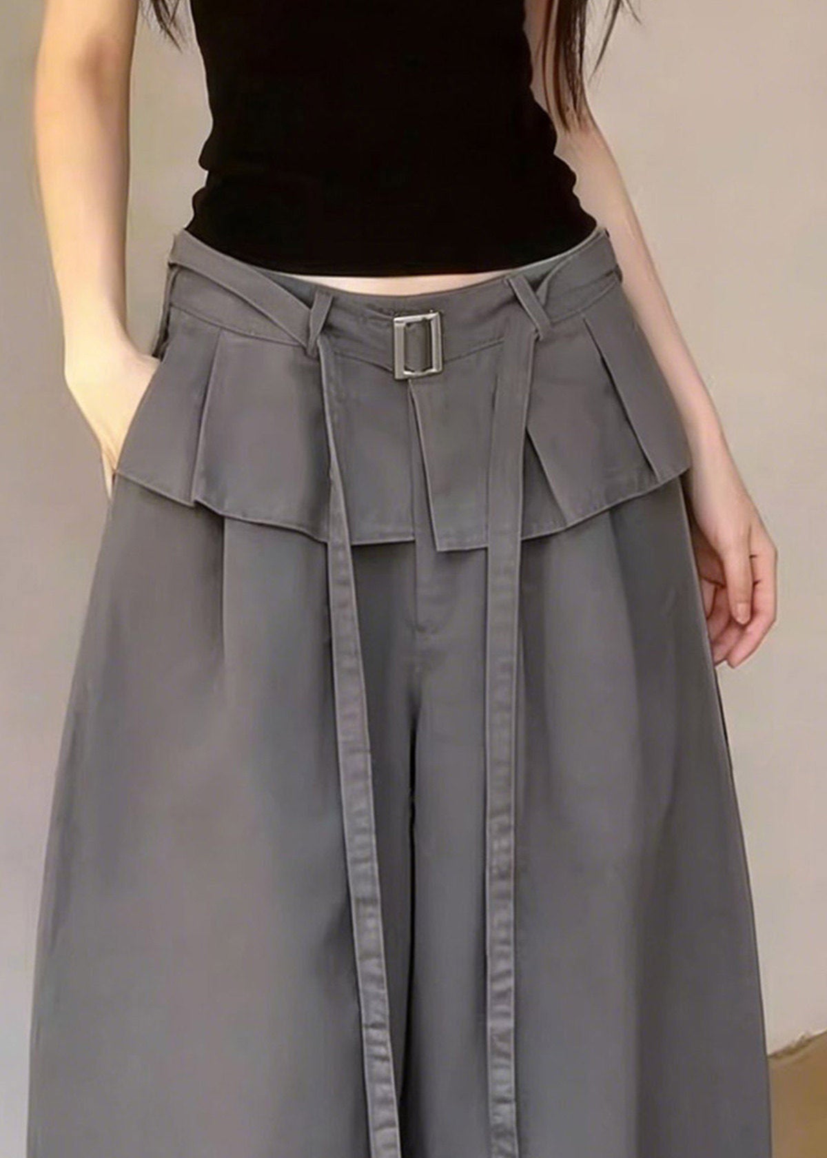 2026 New Grey Pockets Patchwork Sashes Crop Pants