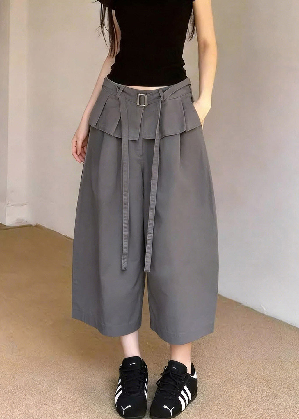 2026 New Grey Pockets Patchwork Sashes Crop Pants
