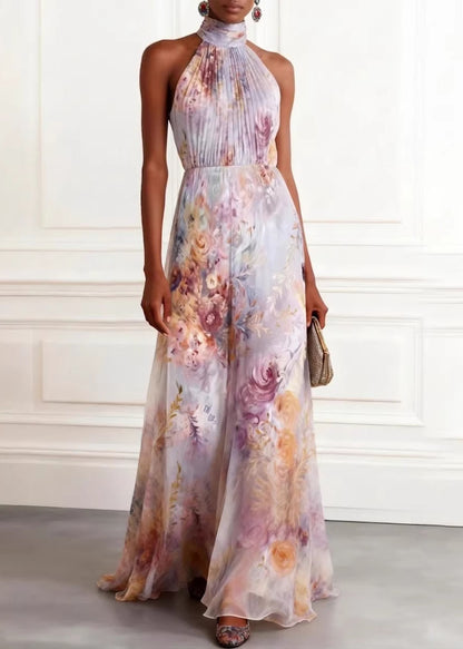 2026 New Hanging Neck Print Chiffon Long Dresses Sleeveless