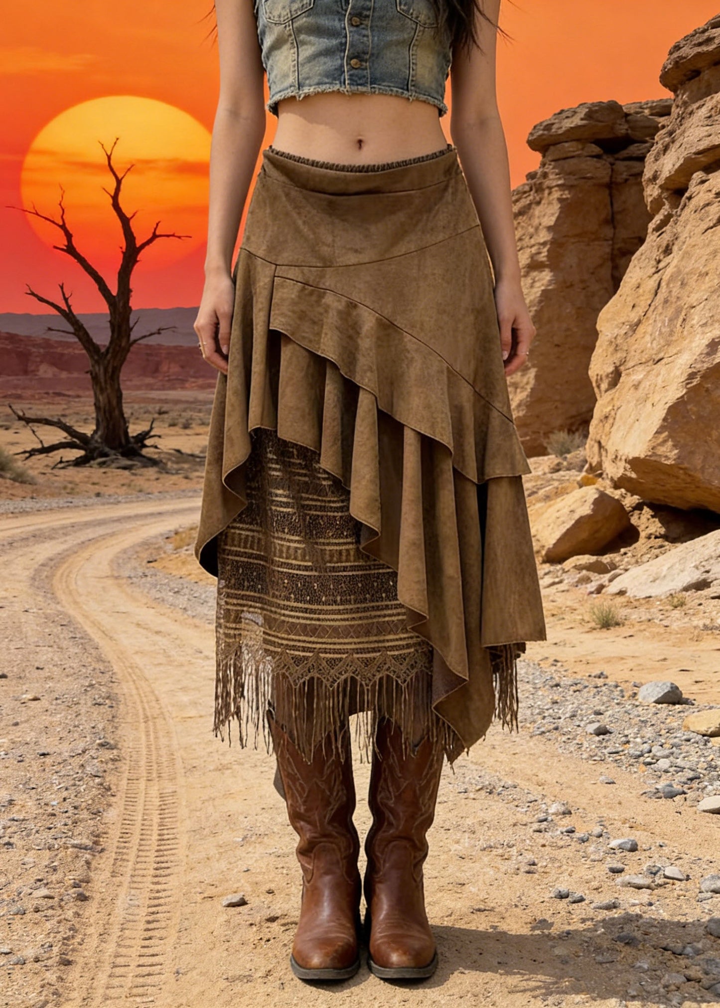 2026 New Khaki Asymmetrical Design Faux Suede Skirts Spring