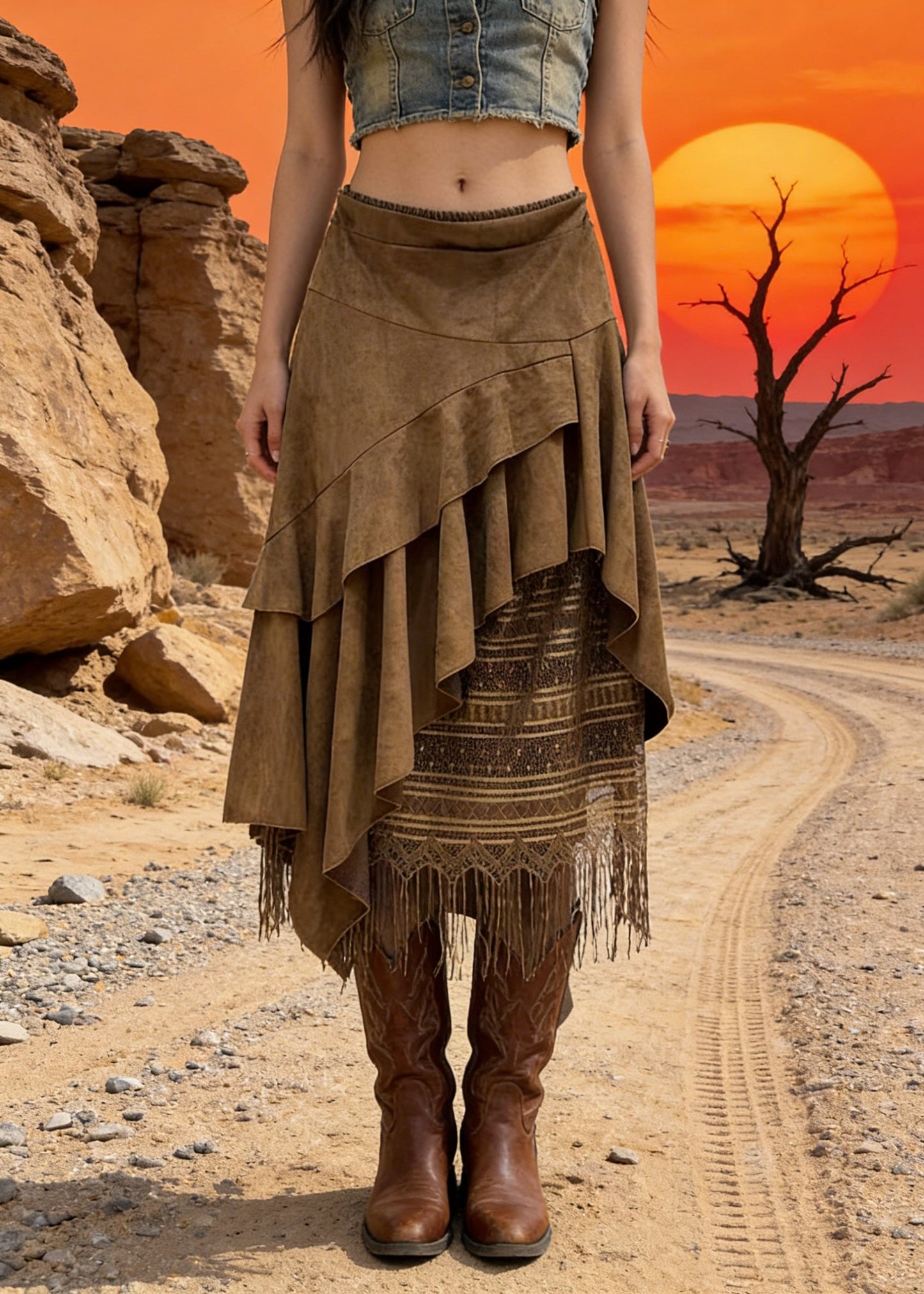 2026 New Khaki Asymmetrical Design Faux Suede Skirts Spring