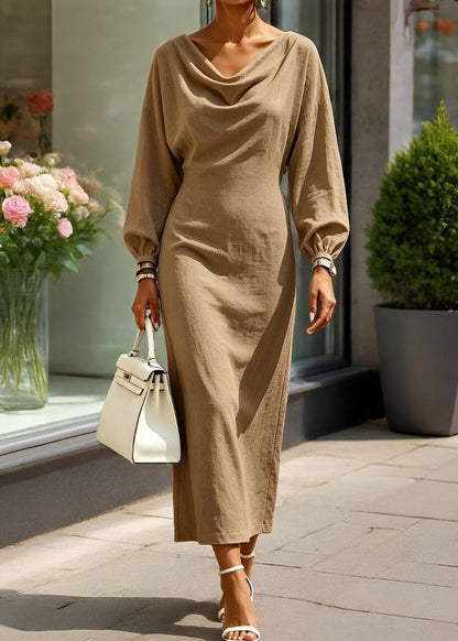 2026 New Khaki Solid Long Dress Lantern Sleeve