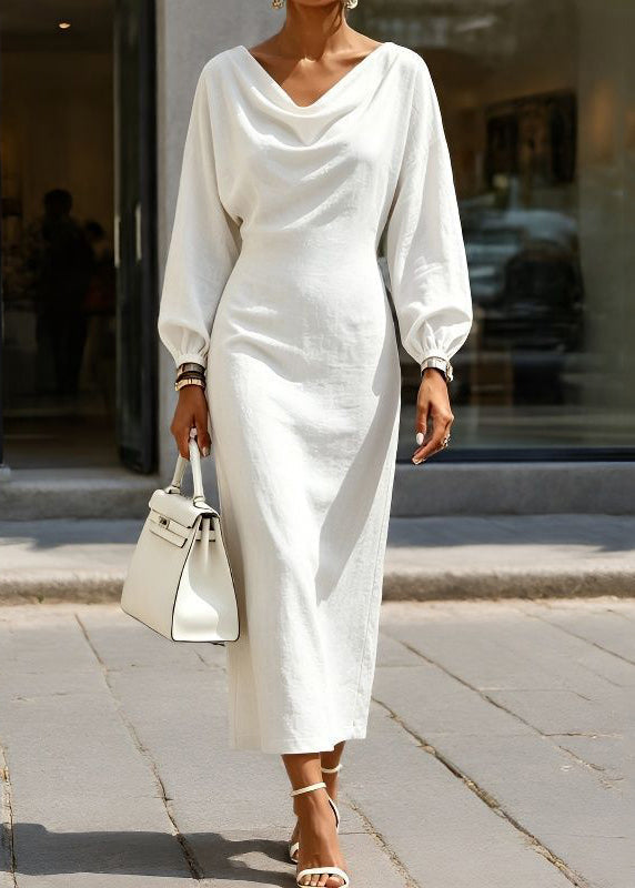 2026 New Khaki Solid Long Dress Lantern Sleeve