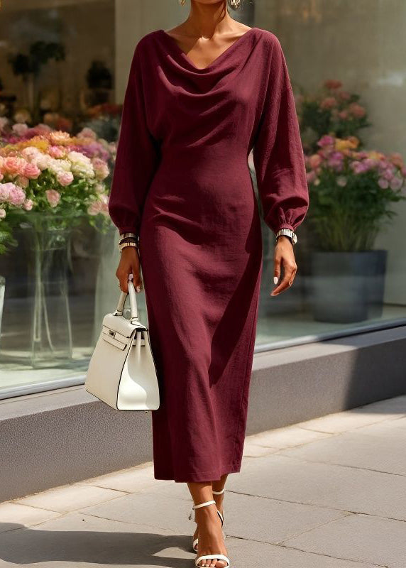 2026 New Khaki Solid Long Dress Lantern Sleeve