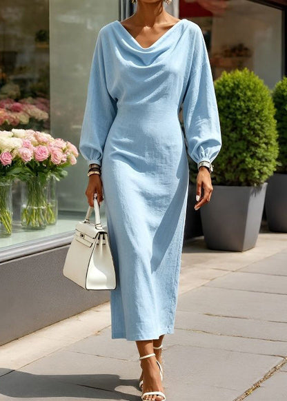 2026 New Khaki Solid Long Dress Lantern Sleeve