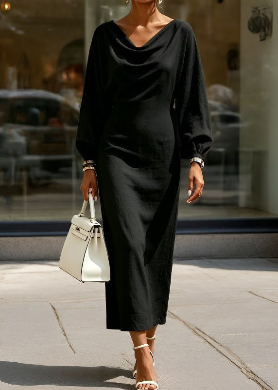 2026 New Khaki Solid Long Dress Lantern Sleeve