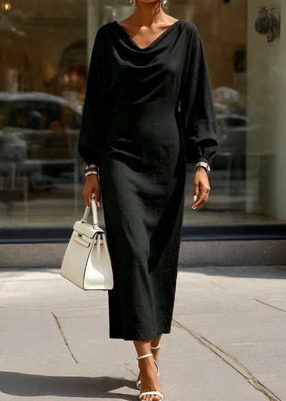2026 New Khaki Solid Long Dress Lantern Sleeve