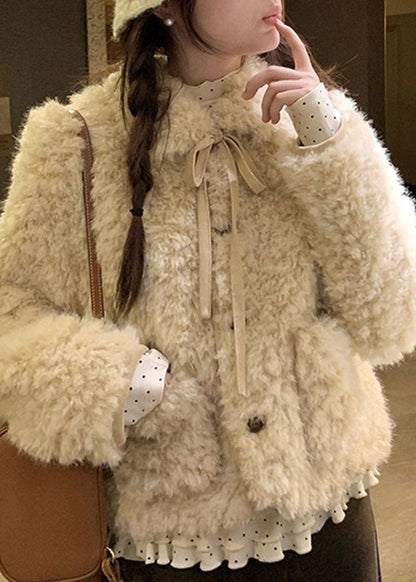 2026 New Light Yellow Peter Pan Collar Bow Warm Faux Fur Coat Long Sleeve