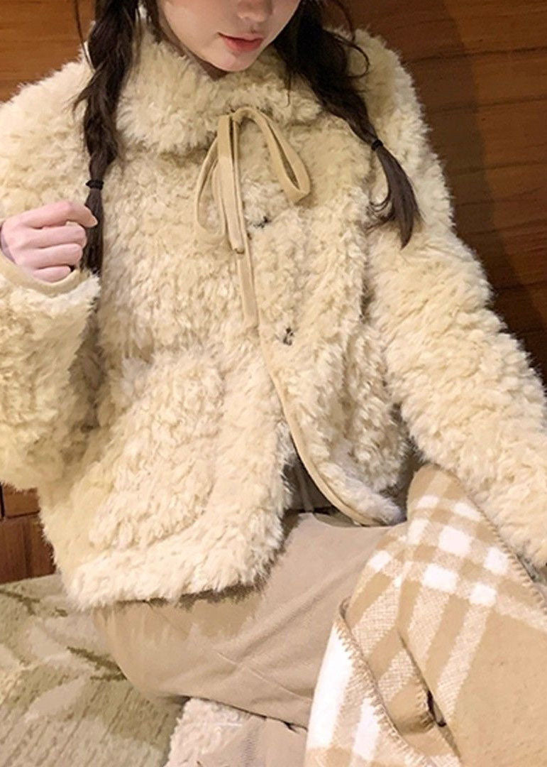 2026 New Light Yellow Peter Pan Collar Bow Warm Faux Fur Coat Long Sleeve