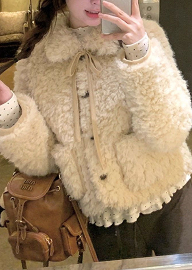2026 New Light Yellow Peter Pan Collar Bow Warm Faux Fur Coat Long Sleeve