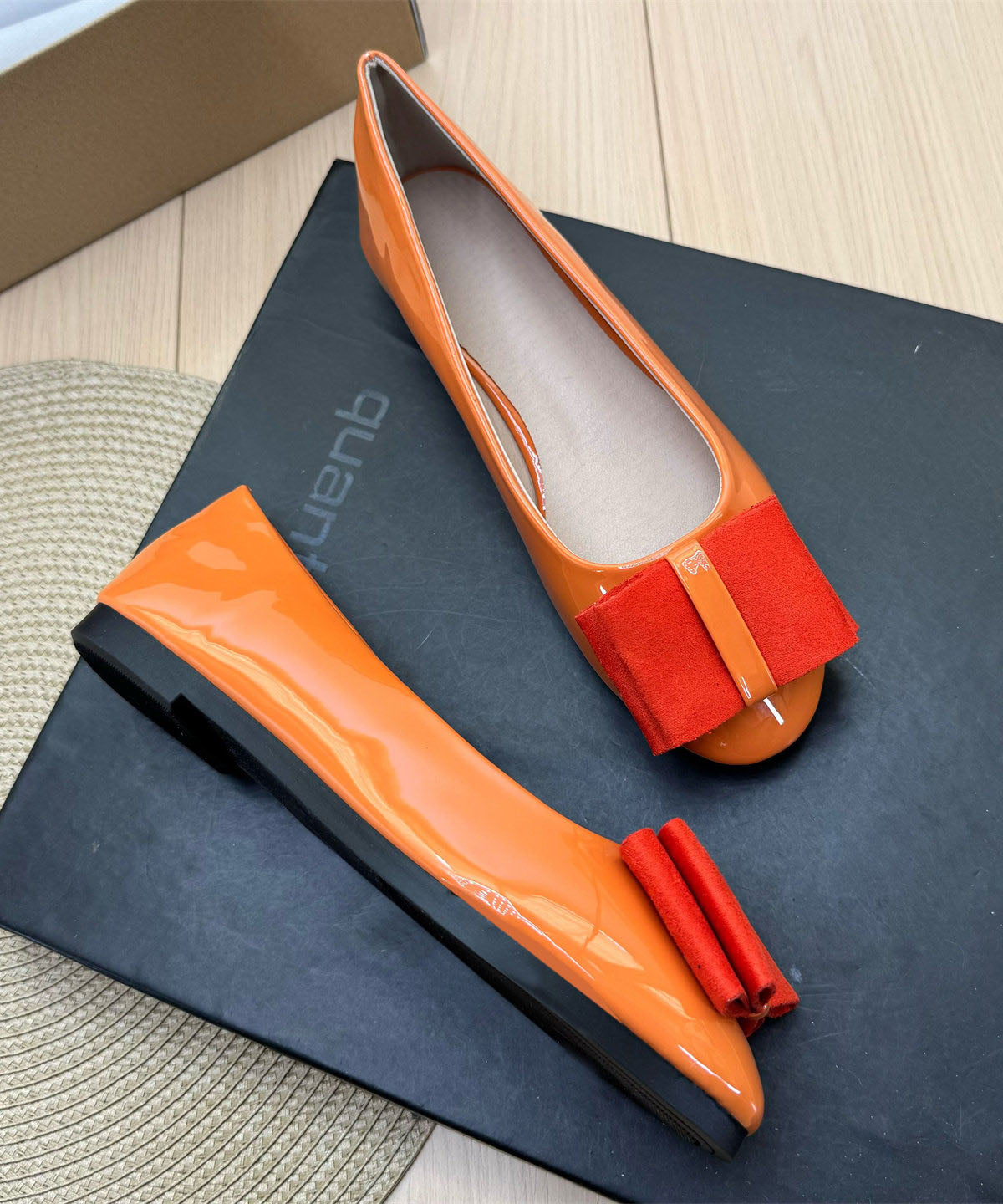2026 New Orange Round Toe Bow Faux Leather Plus Size Flat Shoes