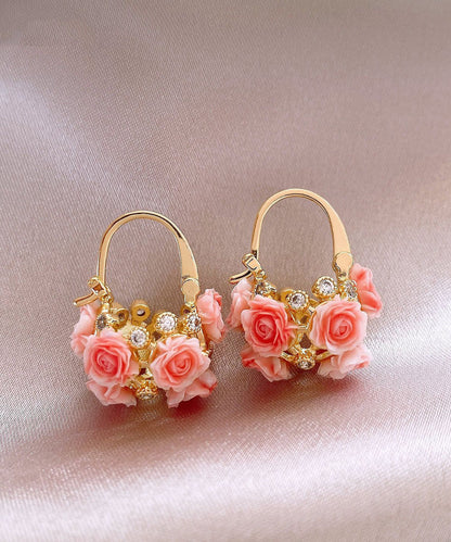 2026 New Pink Copper Overgild Zircon Floral Hoop Earrings