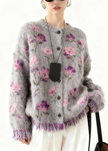 2026 New Purple Print Button Tassel Cotton Knit Cardigans Spring