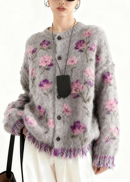 2026 New Purple Print Button Tassel Cotton Knit Cardigans Spring