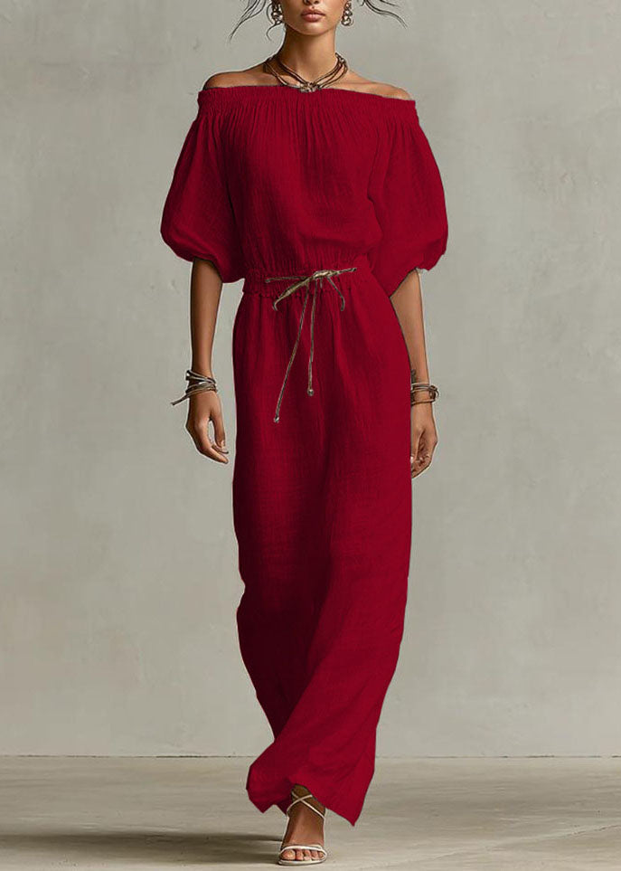 2026 New Red Slash Neck Elastic Waist Solid Long Dress Summer