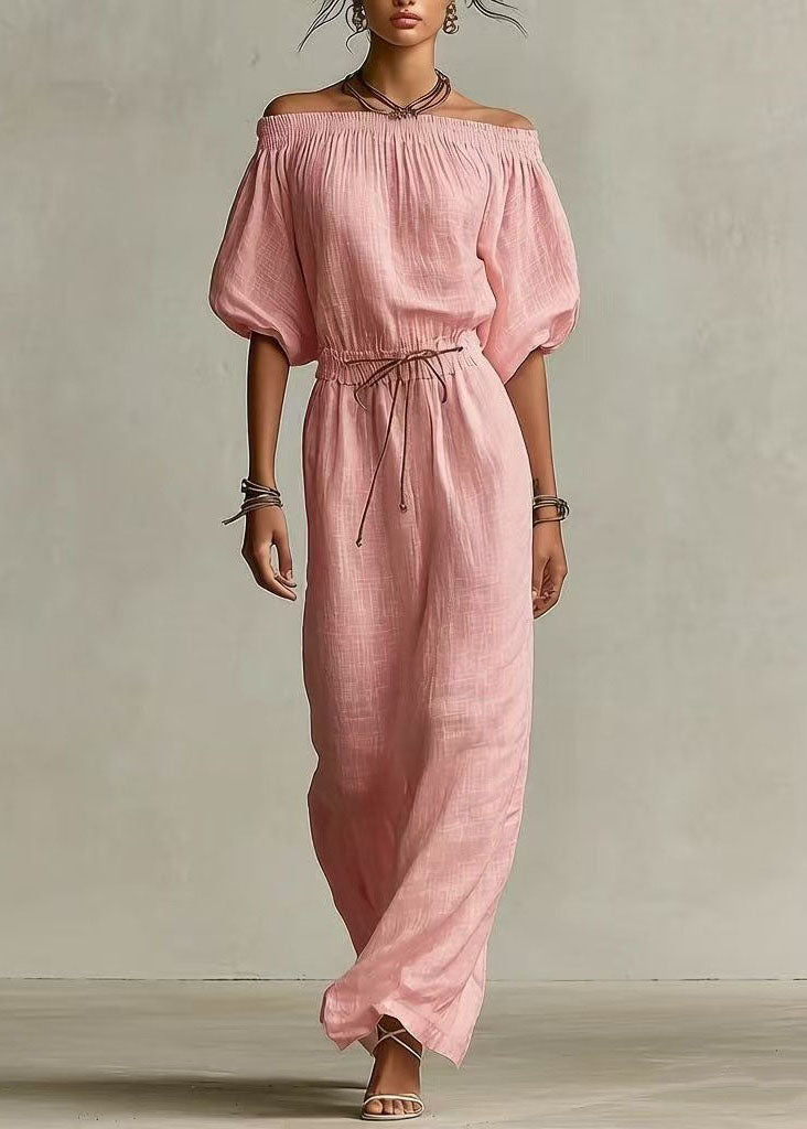 2026 New Red Slash Neck Elastic Waist Solid Long Dress Summer