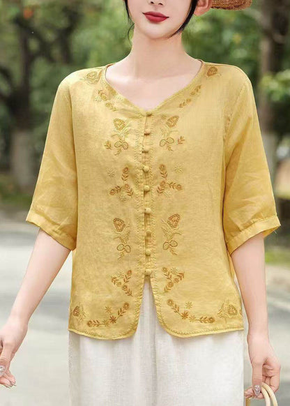 2026 New Retro Yellow Embroidered Linen Top Summer