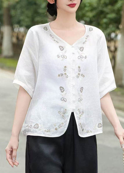 2026 New Retro Yellow Embroidered Linen Top Summer