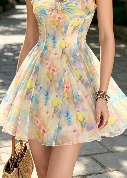 2026 New Summer Floral Wrinkled Chiffon Mini Spaghetti Strap Dress
