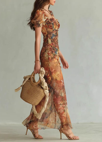 2026 New V-Neck Ruffle Print Side Open Chiffon Dress Summer