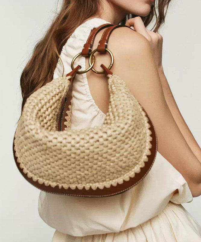2026 New Vacation Style Straw Woven Spliced Leather Shoulder Bag