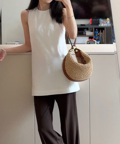 2026 New Vacation Style Straw Woven Spliced Leather Shoulder Bag