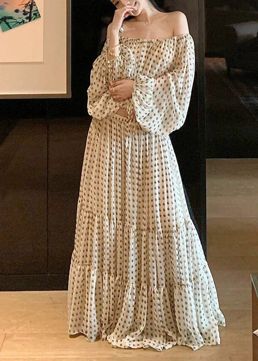 2026 New White Cold Shoulder Top And Maxi Skirts Two Pieces Set Lantern Sleeve