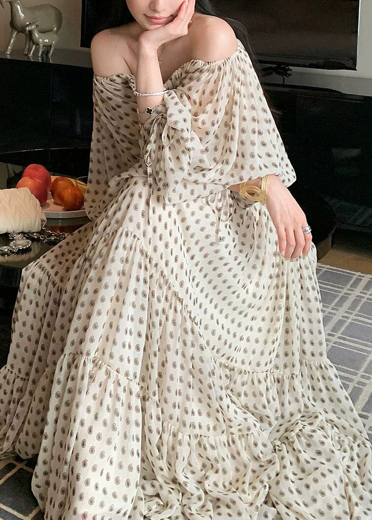 2026 New White Cold Shoulder Top And Maxi Skirts Two Pieces Set Lantern Sleeve