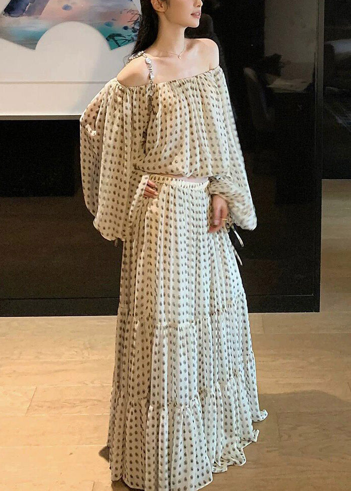 2026 New White Cold Shoulder Top And Maxi Skirts Two Pieces Set Lantern Sleeve
