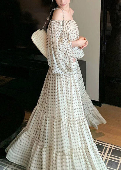 2026 New White Cold Shoulder Top And Maxi Skirts Two Pieces Set Lantern Sleeve